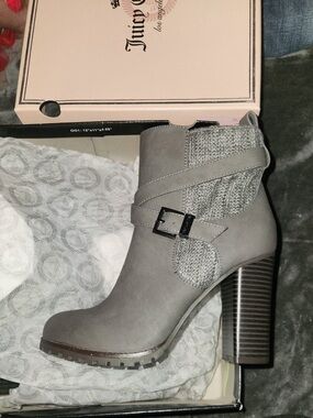 Juicy Couture Gray Knit-Trim Block Heel Ankle Boots